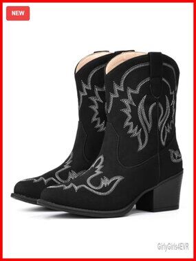Women's Ankle Cowgirl Boots Pointed Toe Faux Leather Western Booties Block Heel